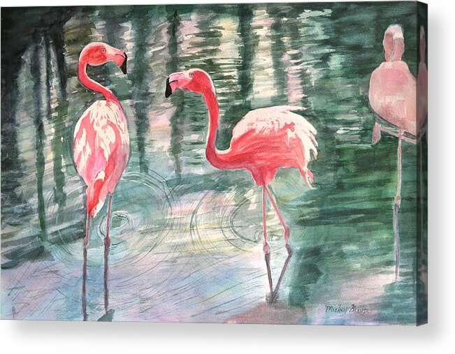 Flamingos Acrylic Print featuring the painting Flamingo Time by Mickey Krause