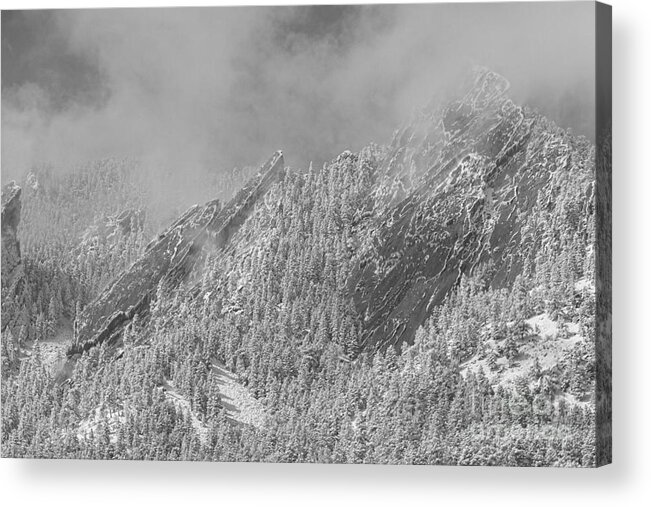 Flatirons Acrylic Print featuring the photograph Flatiron Snow Dusting Close Up Boulder Colorado BW by James BO Insogna