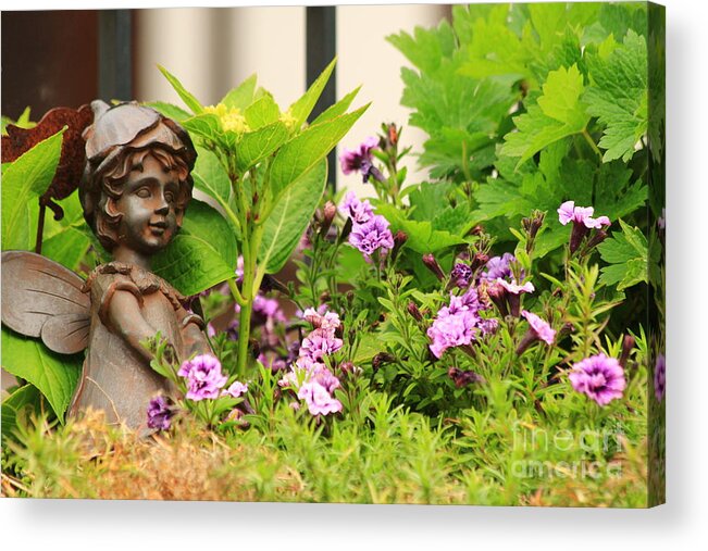 Angel Acrylic Print featuring the photograph Flower-bed mit an angel statue by Amanda Mohler