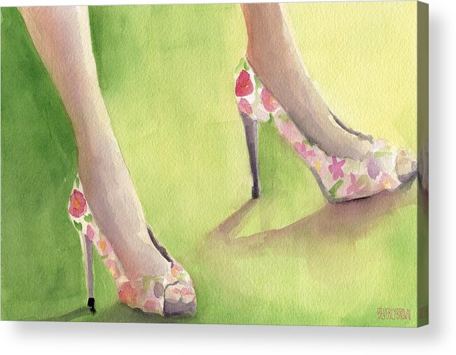 Fashion Acrylic Print featuring the painting Flowered Shoes Fashion Illustration Art Print by Beverly Brown