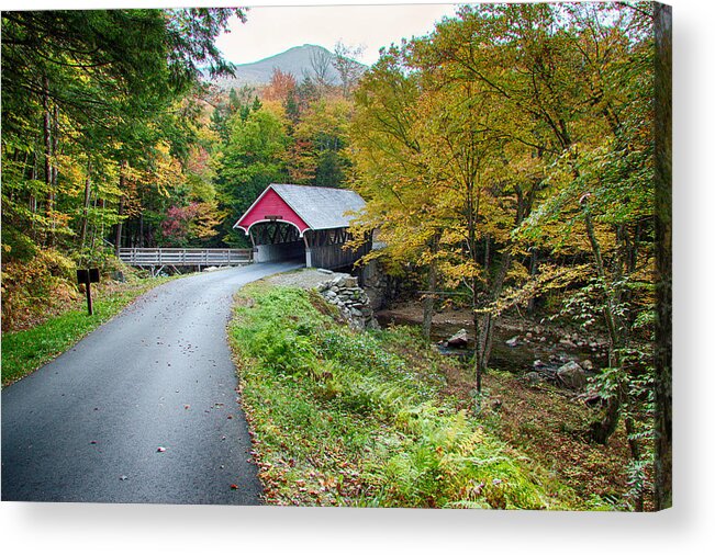Autumn Foliage New England Acrylic Print featuring the photograph Flume Gorge covered bridge by Jeff Folger