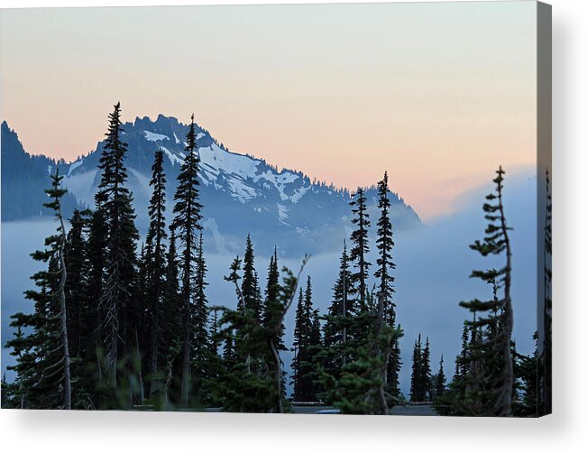 Sunset Acrylic Print featuring the photograph Mt. Rainier's Foggy Sunset by E Faithe Lester