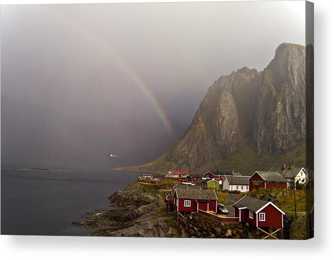 Village Acrylic Print featuring the photograph Foggy Hamnoy Rorbu Village by Heiko Koehrer-Wagner