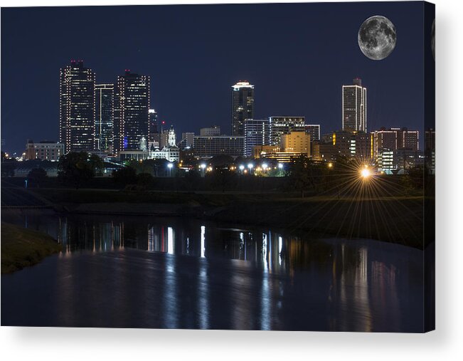 Fort Worth Skyline Acrylic Print featuring the photograph Fort Worth Skyline Super Moon by Jonathan Davison