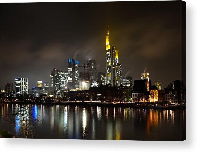 Europa Tower Acrylic Print featuring the photograph Frankfurt Skyline At Night Reflected On by Sir Francis Canker Photography