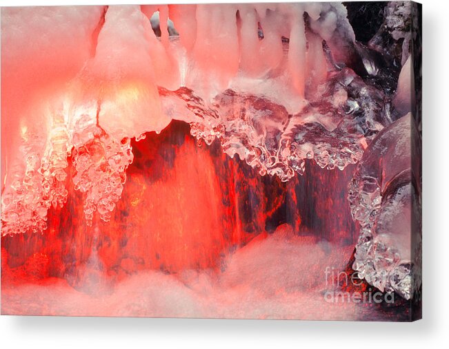 Aesthetic Acrylic Print featuring the photograph Freezing Waterfall glowing in red light by Stephan Pietzko