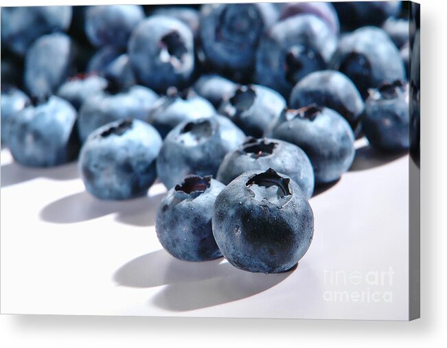 Blueberries Acrylic Print featuring the photograph Fresh and Natural Blueberries Close Up on White by Olivier Le Queinec