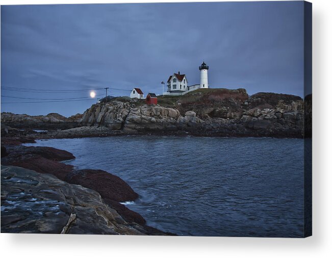 Maine Lighthouse Acrylic Print featuring the photograph Full Moon Rise Over Nubble by Jeff Folger