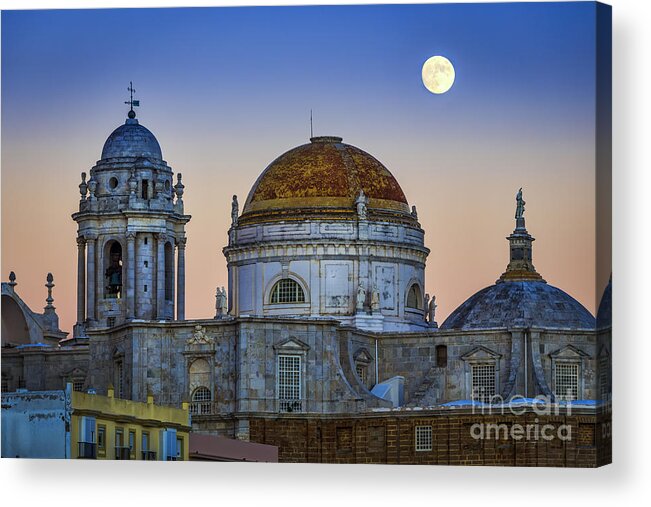 Andalucia Acrylic Print featuring the photograph Full Moon Rising Over the Cathedral Cadiz Spain by Pablo Avanzini