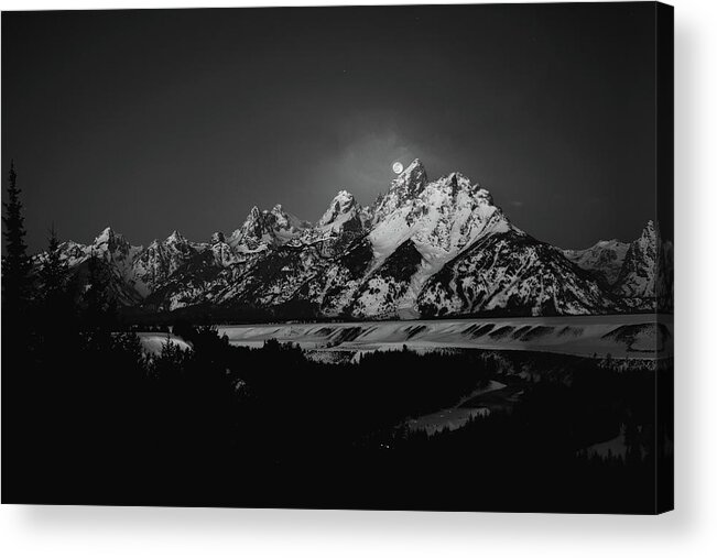 River Acrylic Print featuring the photograph Full Moon Sets In The Teton Mountain Range by Raymond Salani Iii
