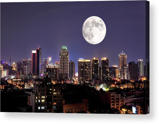 Tranquility Acrylic Print featuring the photograph Full Moon Upon Lights Of City by Thunderbolt tw (bai Heng-yao) Photography