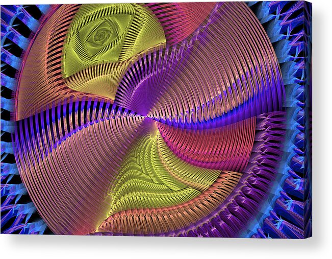 Fractal Acrylic Print featuring the photograph Futuristic Blue Pink And Yellow Tech Disc Fractal Flame by Keith Webber Jr