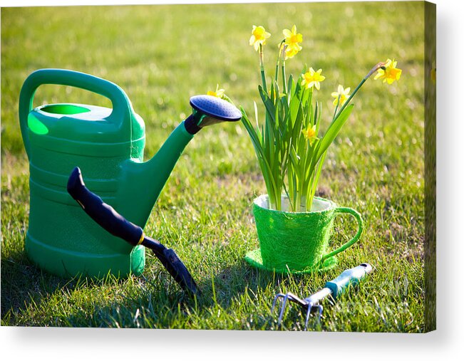 Garden Acrylic Print featuring the photograph Gardening tools and flowers by Michal Bednarek