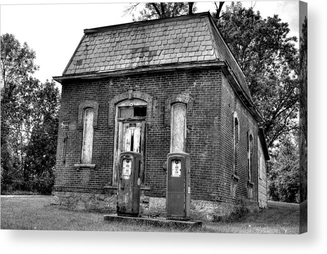 Rural Acrylic Print featuring the photograph Gas at 41 cents a gallon bw by John Nielsen