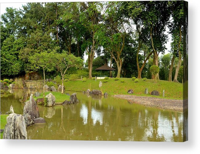 Boulder Acrylic Print featuring the photograph Gazebo trees lake and rock garden in Singapore Chinese Gardens by Imran Ahmed