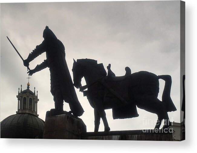 Prott Acrylic Print featuring the photograph Gediminas statue in Vilnius at sunset by Rudi Prott