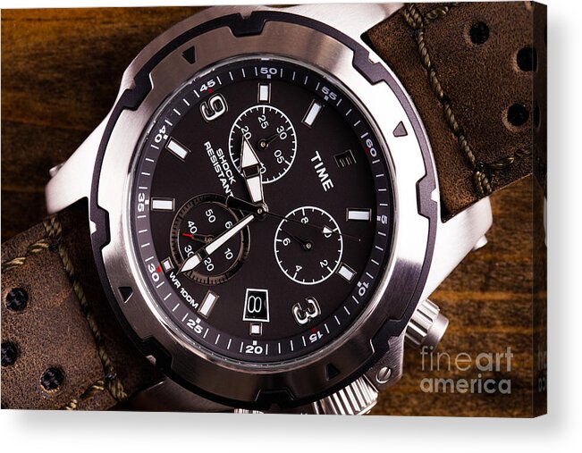 Watch Acrylic Print featuring the photograph Gents analogue watch close up by Simon Bratt