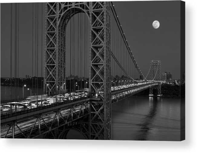 George Washington Bridge Acrylic Print featuring the photograph George Washington Bridge Moon Rise BW by Susan Candelario