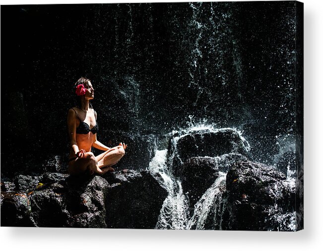 Mauritius Acrylic Print featuring the photograph Getting in Touch with Whole Universe. Anna at Eureka Waterfalls. Mauritius by Jenny Rainbow
