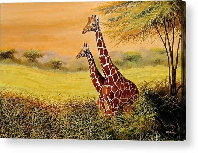 African Paintings Acrylic Print featuring the painting Giraffes Watching by Wycliffe Ndwiga