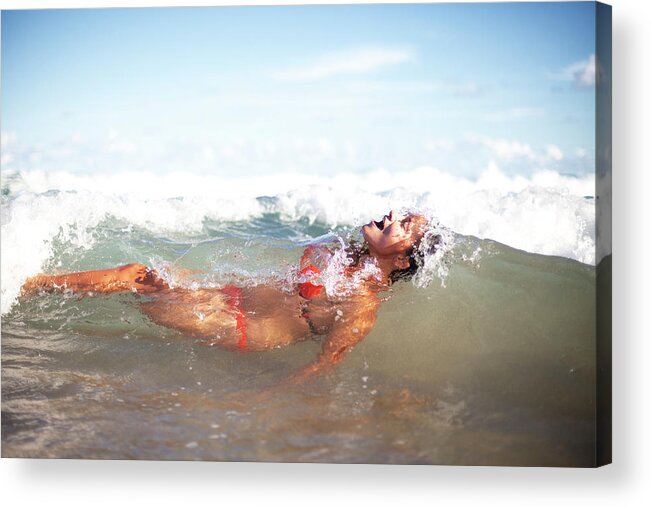 People Acrylic Print featuring the photograph Girl In Bikini Dunking Under Waves In by Wander Women Collective
