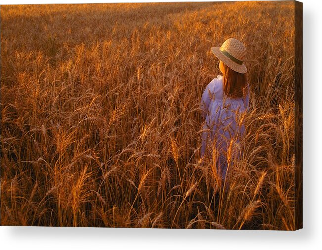 Agriculture Acrylic Print featuring the photograph Girl With Hat In Field by Don Hammond