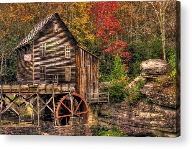 West Virginia Acrylic Print featuring the photograph Glade Creek Grist Mill-1A Babcock State Park WV Autumn Late Afternoon by Michael Mazaika