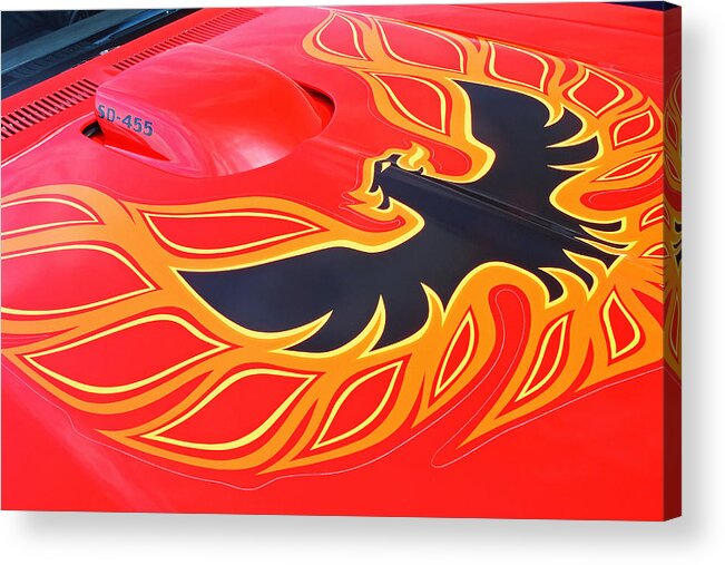 Pontiac Acrylic Print featuring the photograph Gold And Black Firebird Emblem on Red Trans Am by Gill Billington