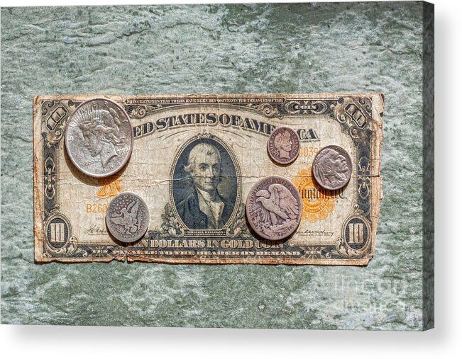 Gold Certificate And Silver Coins Acrylic Print featuring the photograph Gold Certificate and Silver Coins Ver 1 by Randy Steele