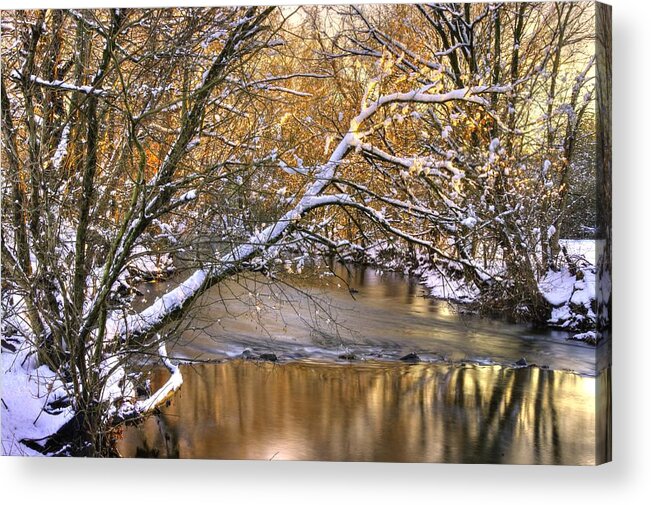 Owens Creek Acrylic Print featuring the photograph Gold in the Creek B1 - Owens Creek Near Loys Station Covered Bridge - Winter Frederick County MD by Michael Mazaika