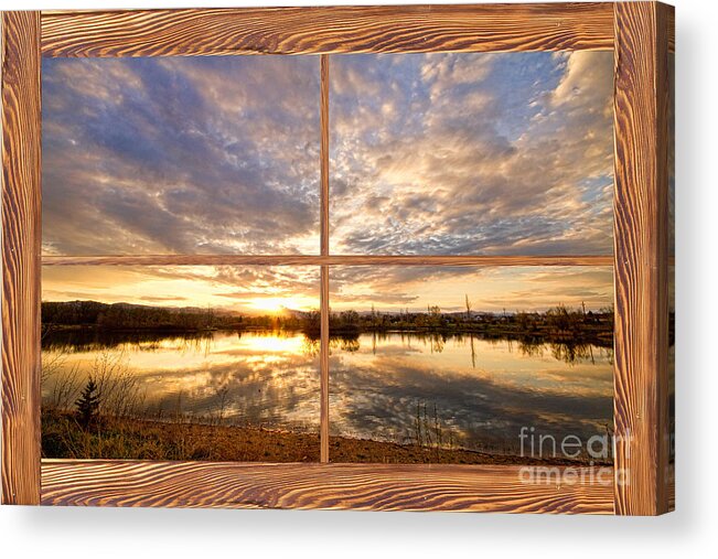  Window Acrylic Print featuring the photograph Golden Ponds Sunset Reflections Barn Wood Picture Window View by James BO Insogna