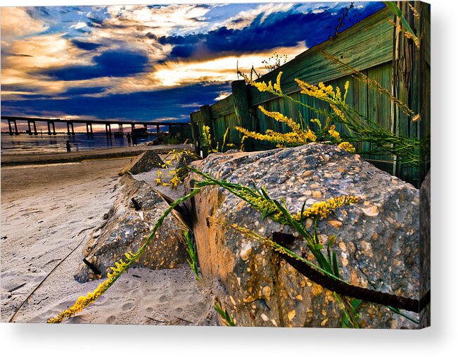 Blue-clouds Acrylic Print featuring the photograph Golden Rod Sunset Wooden Fence Yellow Wildflowers Blue Green Art by Eszra Tanner