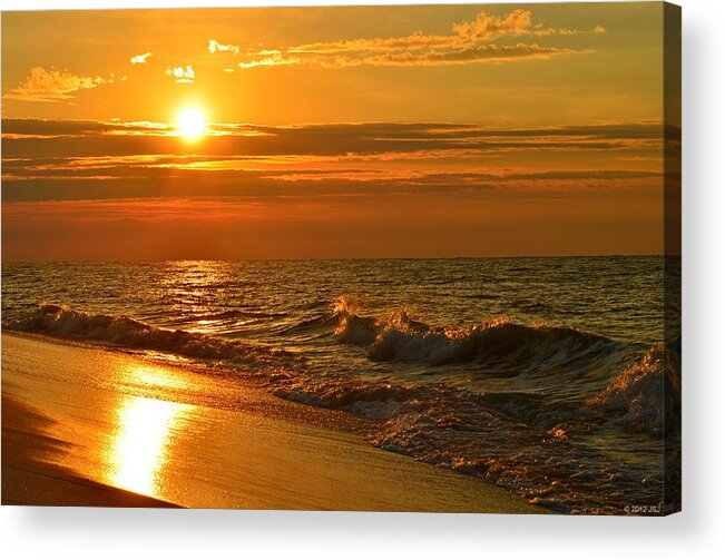 Golden Acrylic Print featuring the photograph Golden Sunrise Colors with Waves and Horizon Clouds on Navarre Beach by Jeff at JSJ Photography
