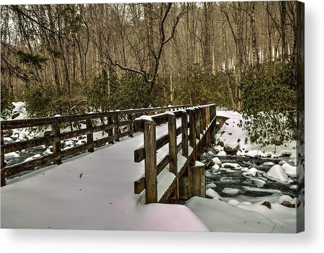 The Great Smoky Mountains National Park Acrylic Print featuring the photograph Great Smoky Mountains National Park Foot Bridge In Snow by Carol Montoya
