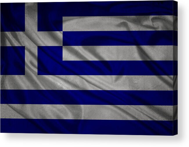 Greece Acrylic Print featuring the digital art Greek flag waving on canvas by Eti Reid