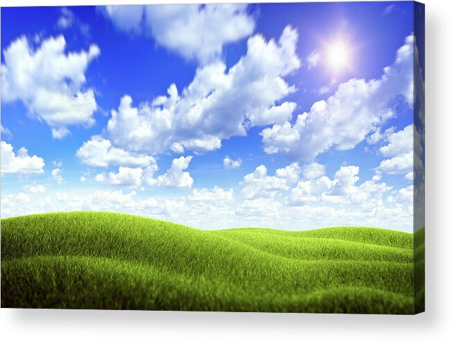 Scenics Acrylic Print featuring the photograph Green Field Over Blue Moody Sky by Da-kuk