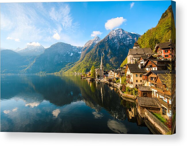 Water's Edge Acrylic Print featuring the photograph Hallstatt Village and Hallstatter See lake in Austria by Serts