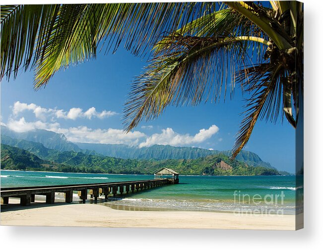 Bay Acrylic Print featuring the photograph Hanalei Pier and beach by M Swiet Productions