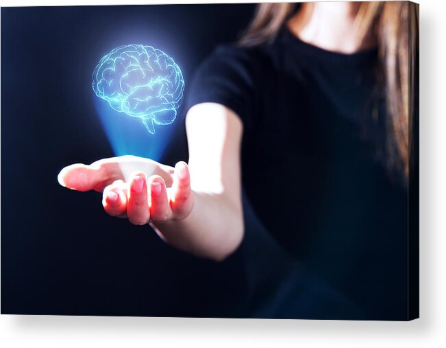 3d Scanning Acrylic Print featuring the photograph Hand showing a brain hologram by Yuichiro Chino