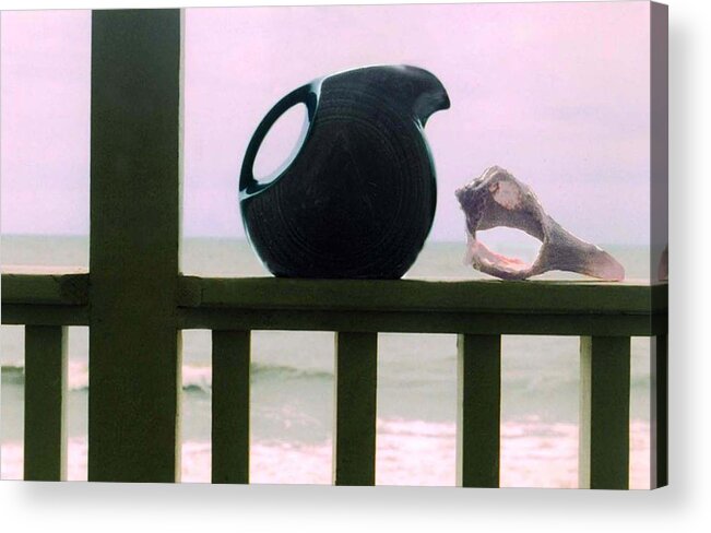 Still Life Of Pitcher And Conch Shell Against The Sea. Contemporary Beach Imagery. Acrylic Print featuring the photograph Handles by Edward Shmunes