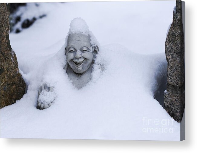 Buddha Acrylic Print featuring the photograph Happy Buddha in Snow by Steven Ralser