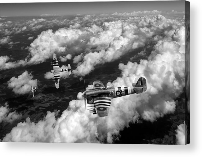 Hawker Typhoon Acrylic Print featuring the photograph Hawker Typhoons diving black and white version by Gary Eason