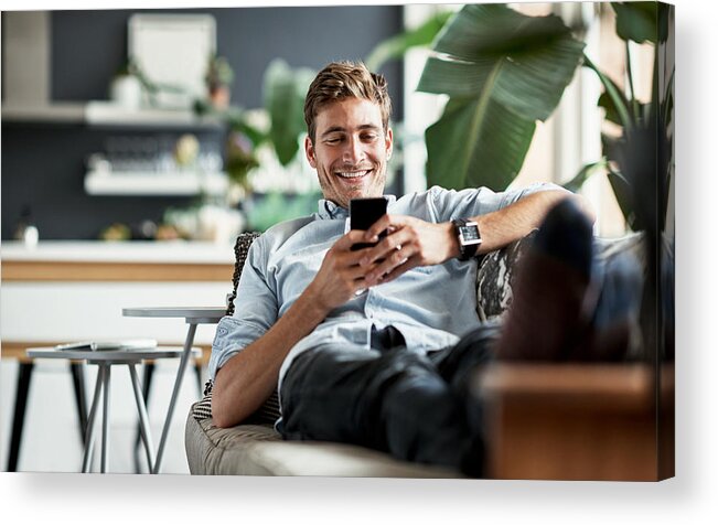 Young Men Acrylic Print featuring the photograph Her messages always make him smile by Shapecharge