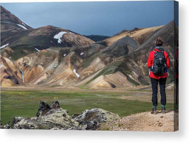 Harmony Acrylic Print featuring the photograph Hiker Admiring Rhyolite Mountains by Henn Photography
