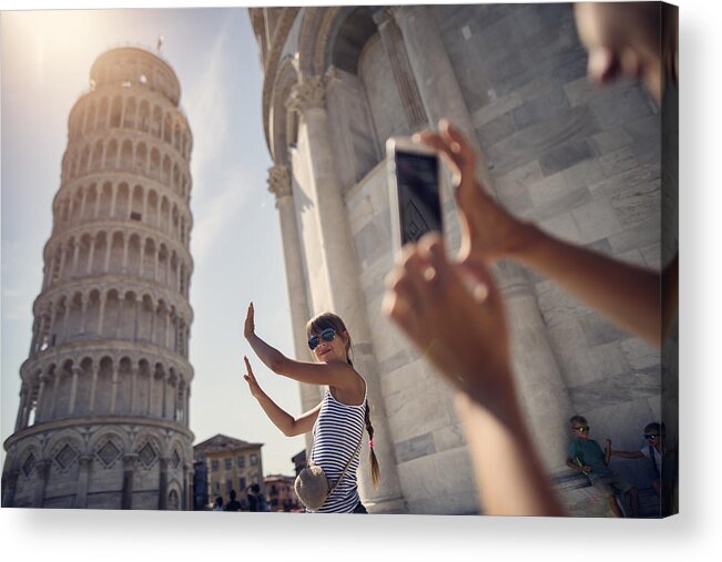 Child Acrylic Print featuring the photograph holding up photos of the Leaning Tower of Pisa by Imgorthand