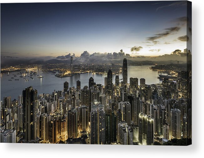 Dawn Acrylic Print featuring the photograph Hong Kong skyline at sunrise by Martin Puddy