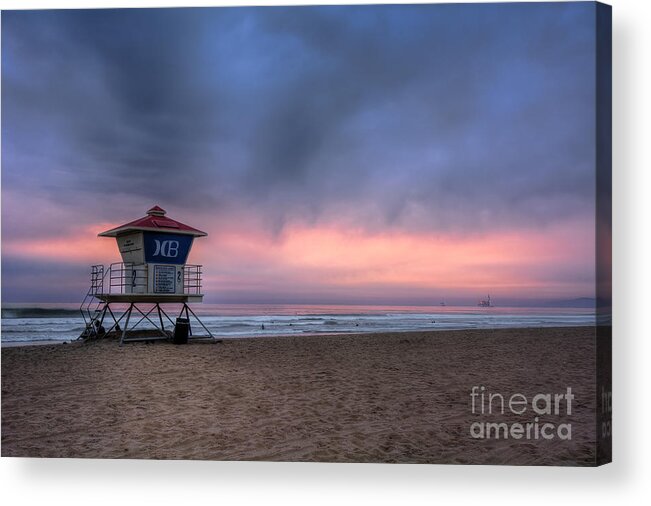 Clouds Acrylic Print featuring the photograph Huntington Beach Lifeguard Tower by Eddie Yerkish
