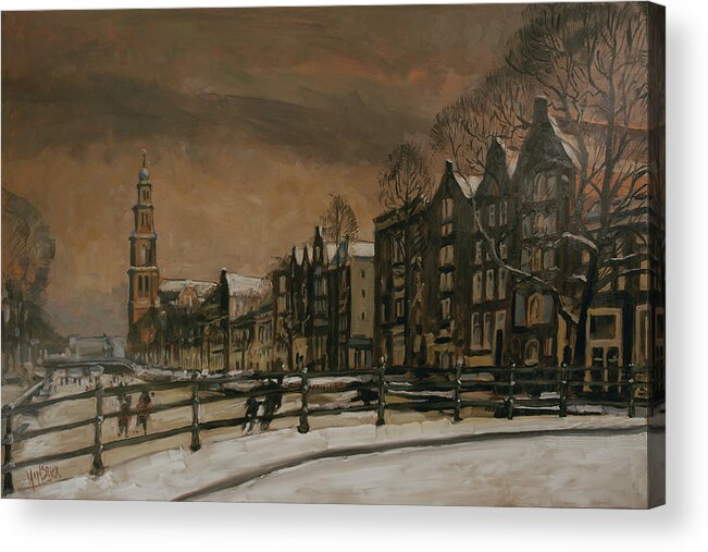 Prinsengracht Acrylic Print featuring the painting Ice skating on the Prinsengracht Amsterdam by Nop Briex