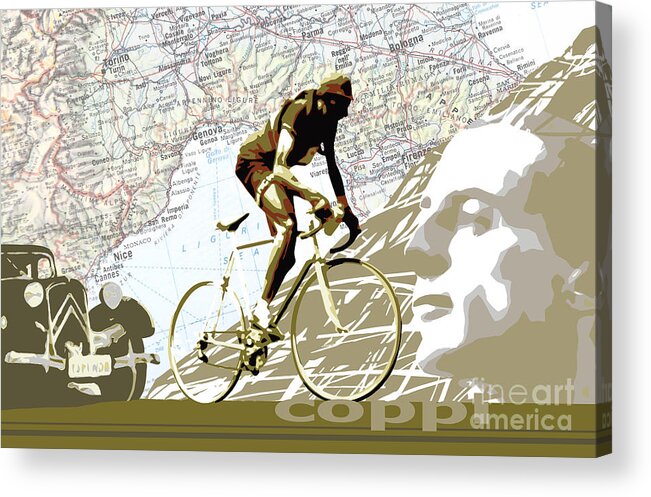 Coppi Vintage Map Cycling Acrylic Print featuring the digital art Illustration print Giro de Italia Coppi vintage map cycling by Sassan Filsoof