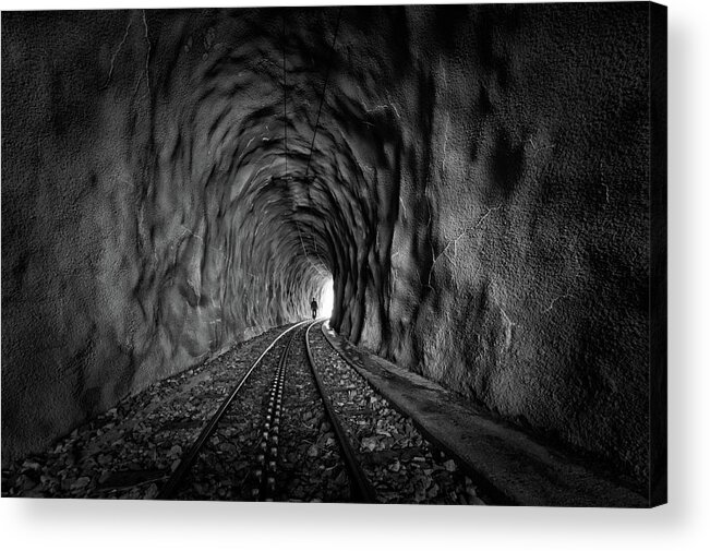 Tunnel Acrylic Print featuring the photograph In The Bowels Of The Mountain-bw by Vito Guarino
